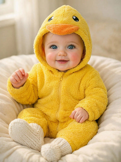 Unisex Newborn Baby Boy/Girl Toddler Autumn/Winter Cute Little Yellow Duck Shaped Plush Hooded Long Sleeve Jumpsuit, Soft Skin-Friendly Easy To Put On And Take Off, Baby Rompers, Baby Clothes, O