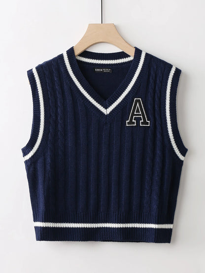 Unity 1pc Letter Patched Detail Striped Trim V-neck Sweater Vest