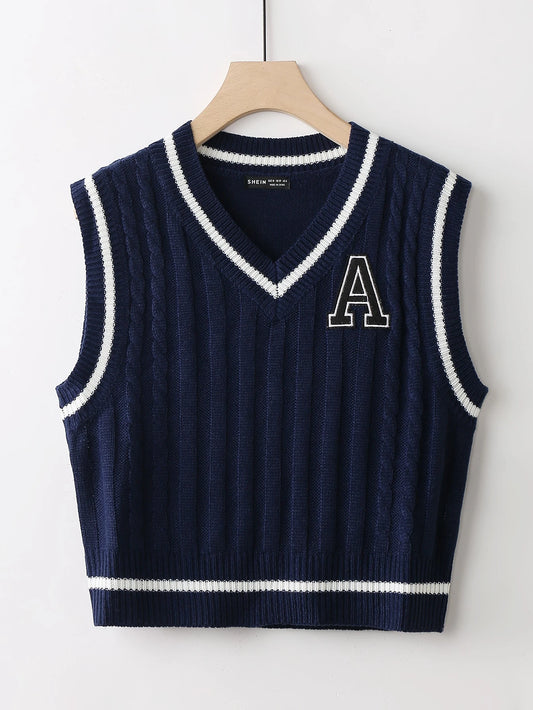 Unity 1pc Letter Patched Detail Striped Trim V-neck Sweater Vest