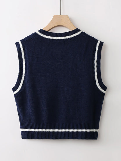 Unity 1pc Letter Patched Detail Striped Trim V-neck Sweater Vest
