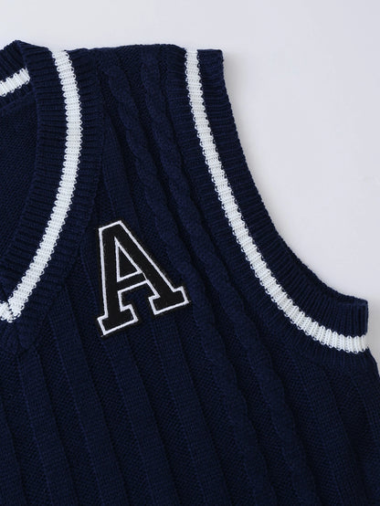Unity 1pc Letter Patched Detail Striped Trim V-neck Sweater Vest