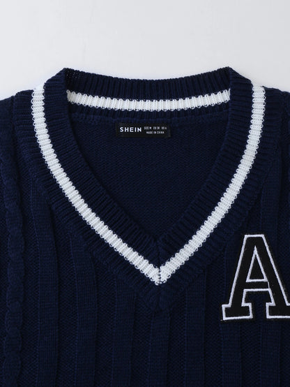Unity 1pc Letter Patched Detail Striped Trim V-neck Sweater Vest