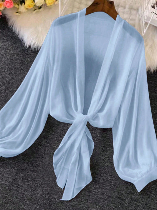 Unity Plus Size Women's Spring/Summer Sexy Vacation Style Minimalist Solid Color Lantern Sleeve Deep V-Neck Tie Front Semi-Sheer Blouse