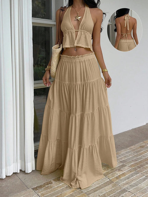 Unity Women Boho Summer Khaki Linen 2-Piece Set,Deep V-Neck Halter Backless Tank Top&Multi-Layer Ruffle Hem Maxi Skirt, Beach Vacation Holiday,Holiday