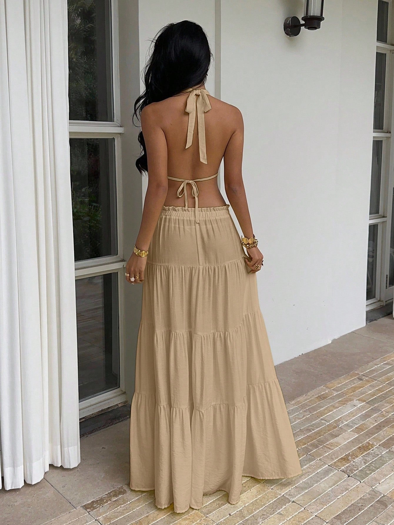 Unity Women Boho Summer Khaki Linen 2-Piece Set,Deep V-Neck Halter Backless Tank Top&Multi-Layer Ruffle Hem Maxi Skirt, Beach Vacation Holiday,Holiday