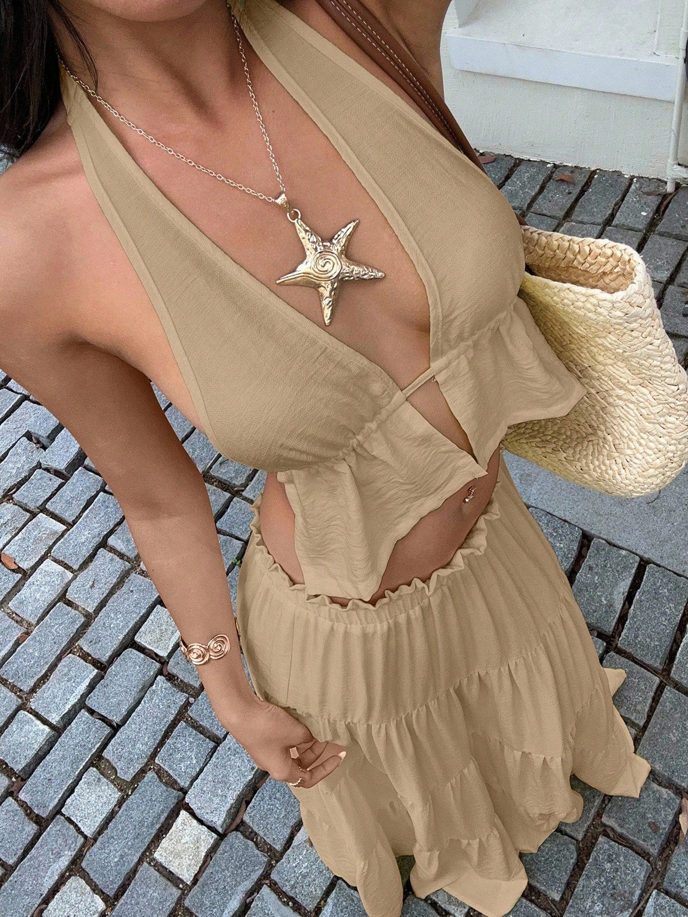 Unity Women Boho Summer Khaki Linen 2-Piece Set,Deep V-Neck Halter Backless Tank Top&Multi-Layer Ruffle Hem Maxi Skirt, Beach Vacation Holiday,Holiday