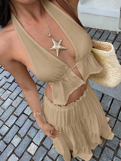 Unity Women Boho Summer Khaki Linen 2-Piece Set,Deep V-Neck Halter Backless Tank Top&Multi-Layer Ruffle Hem Maxi Skirt, Beach Vacation Holiday,Holiday