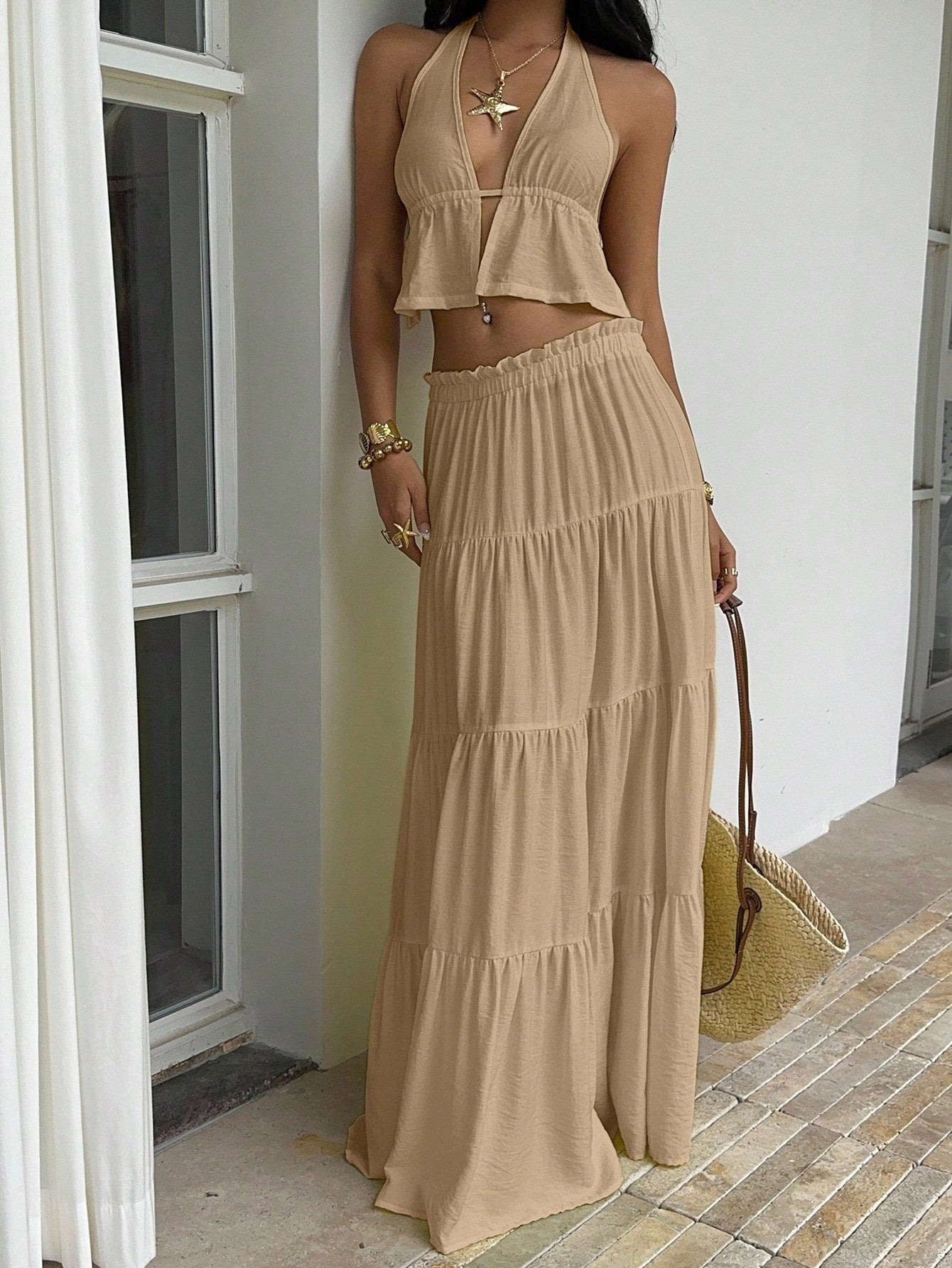 Unity Women Boho Summer Khaki Linen 2-Piece Set,Deep V-Neck Halter Backless Tank Top&Multi-Layer Ruffle Hem Maxi Skirt, Beach Vacation Holiday,Holiday