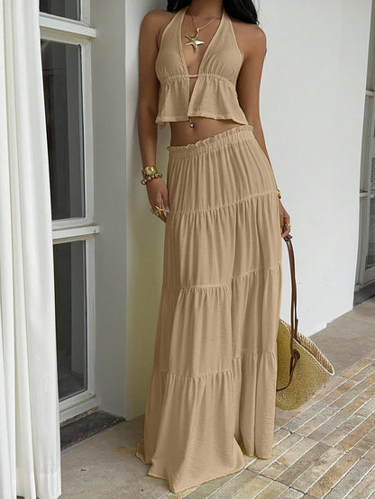 Unity Women Boho Summer Khaki Linen 2-Piece Set,Deep V-Neck Halter Backless Tank Top&Multi-Layer Ruffle Hem Maxi Skirt, Beach Vacation Holiday,Holiday