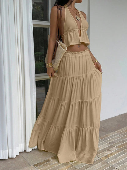 Unity Women Boho Summer Khaki Linen 2-Piece Set,Deep V-Neck Halter Backless Tank Top&Multi-Layer Ruffle Hem Maxi Skirt, Beach Vacation Holiday,Holiday