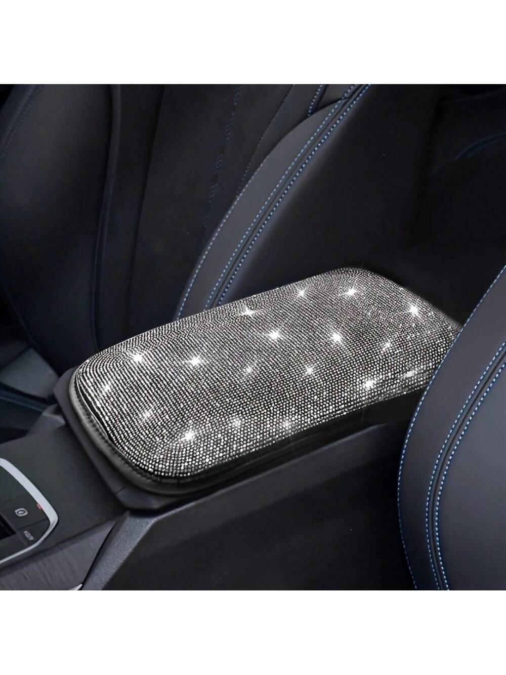 Universal Fit Bling Car Armrest Box Mat- Anti-Slip, Rhinestone Embellished, Premium Polyester Fiber Construction, Car Center Console Cover And Armrest Box Protector- Stylish Car Decoration Accessori