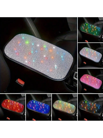 Universal Fit Bling Car Armrest Box Mat- Anti-Slip, Rhinestone Embellished, Premium Polyester Fiber Construction, Car Center Console Cover And Armrest Box Protector- Stylish Car Decoration Accessori