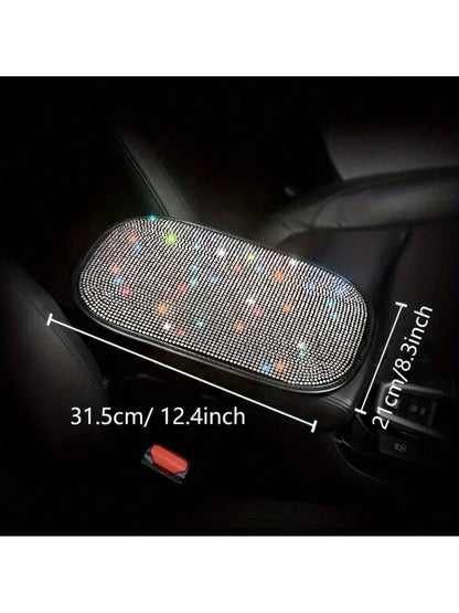 Universal Fit Bling Car Armrest Box Mat- Anti-Slip, Rhinestone Embellished, Premium Polyester Fiber Construction, Car Center Console Cover And Armrest Box Protector- Stylish Car Decoration Accessori