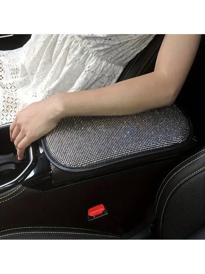 Universal Fit Bling Car Armrest Box Mat- Anti-Slip, Rhinestone Embellished, Premium Polyester Fiber Construction, Car Center Console Cover And Armrest Box Protector- Stylish Car Decoration Accessori