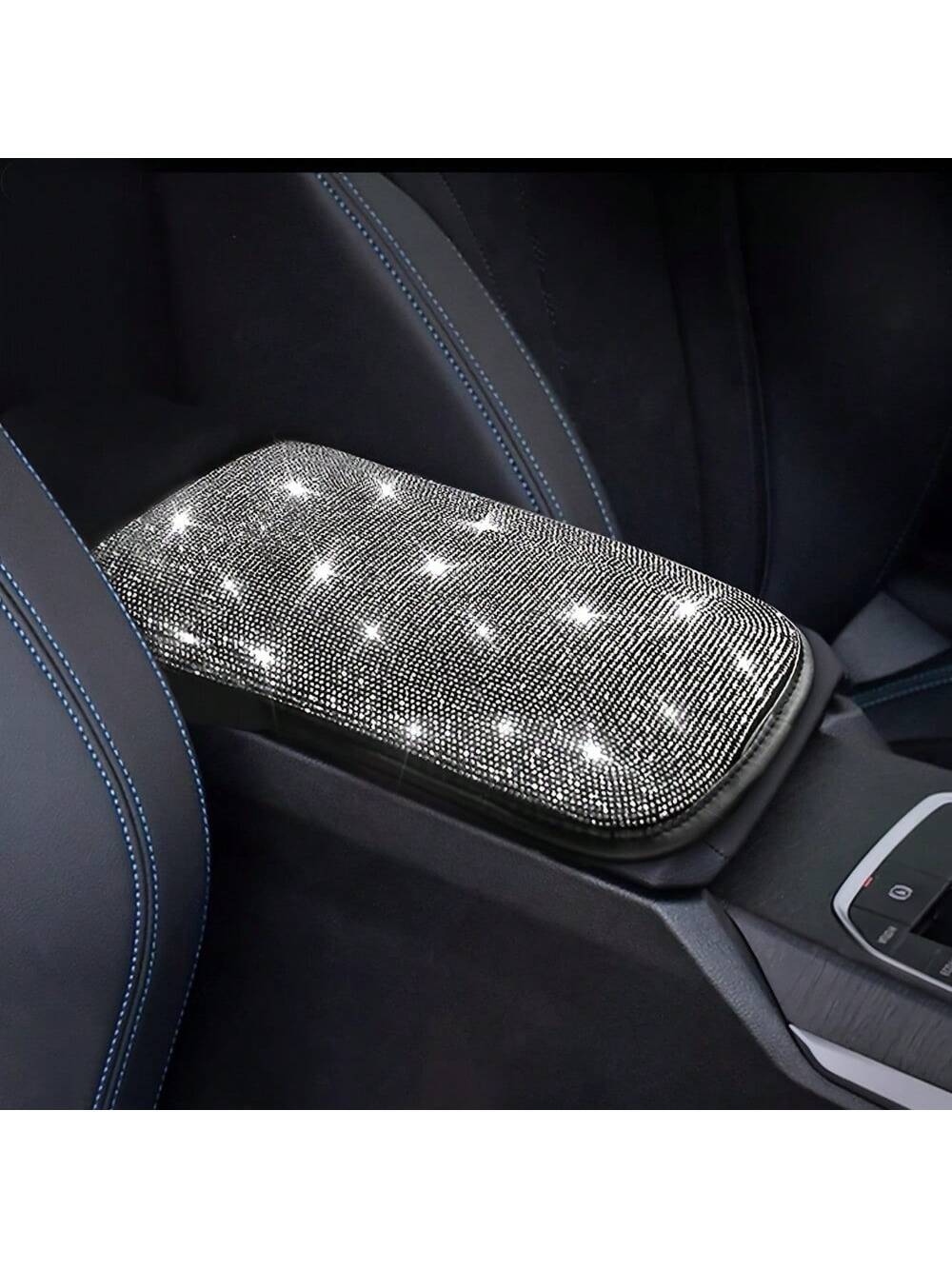Universal Fit Bling Car Armrest Box Mat- Anti-Slip, Rhinestone Embellished, Premium Polyester Fiber Construction, Car Center Console Cover And Armrest Box Protector- Stylish Car Decoration Accessori