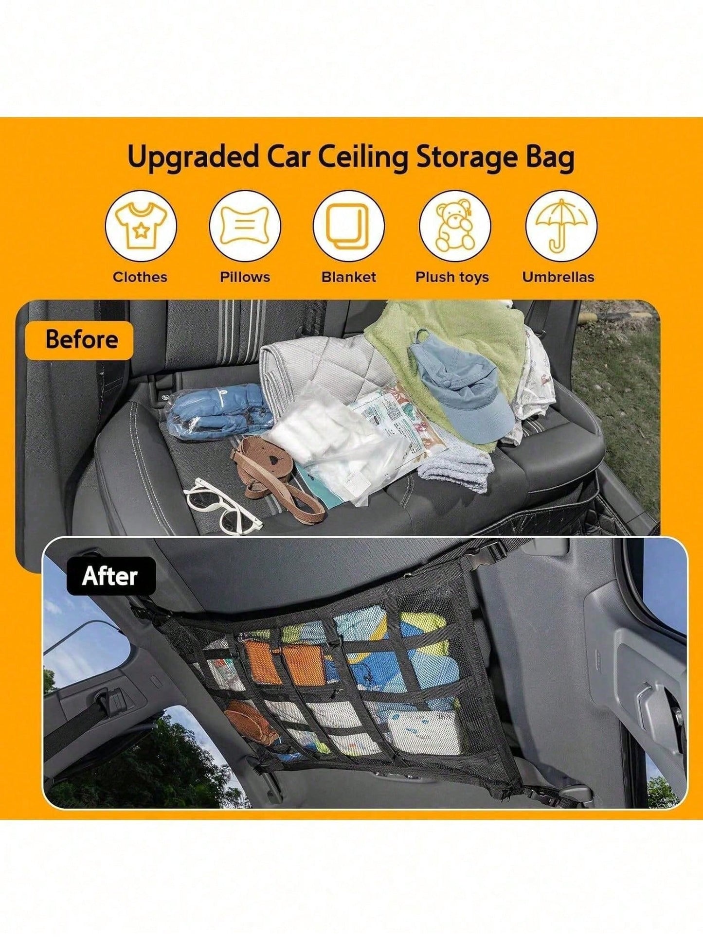 Upgrade Car Ceiling Cargo Net Pocket, Double Layers Mesh Car Roof Storage Organizer With Zip Universal Auto Accessories Organizers And Storage Pocket Net