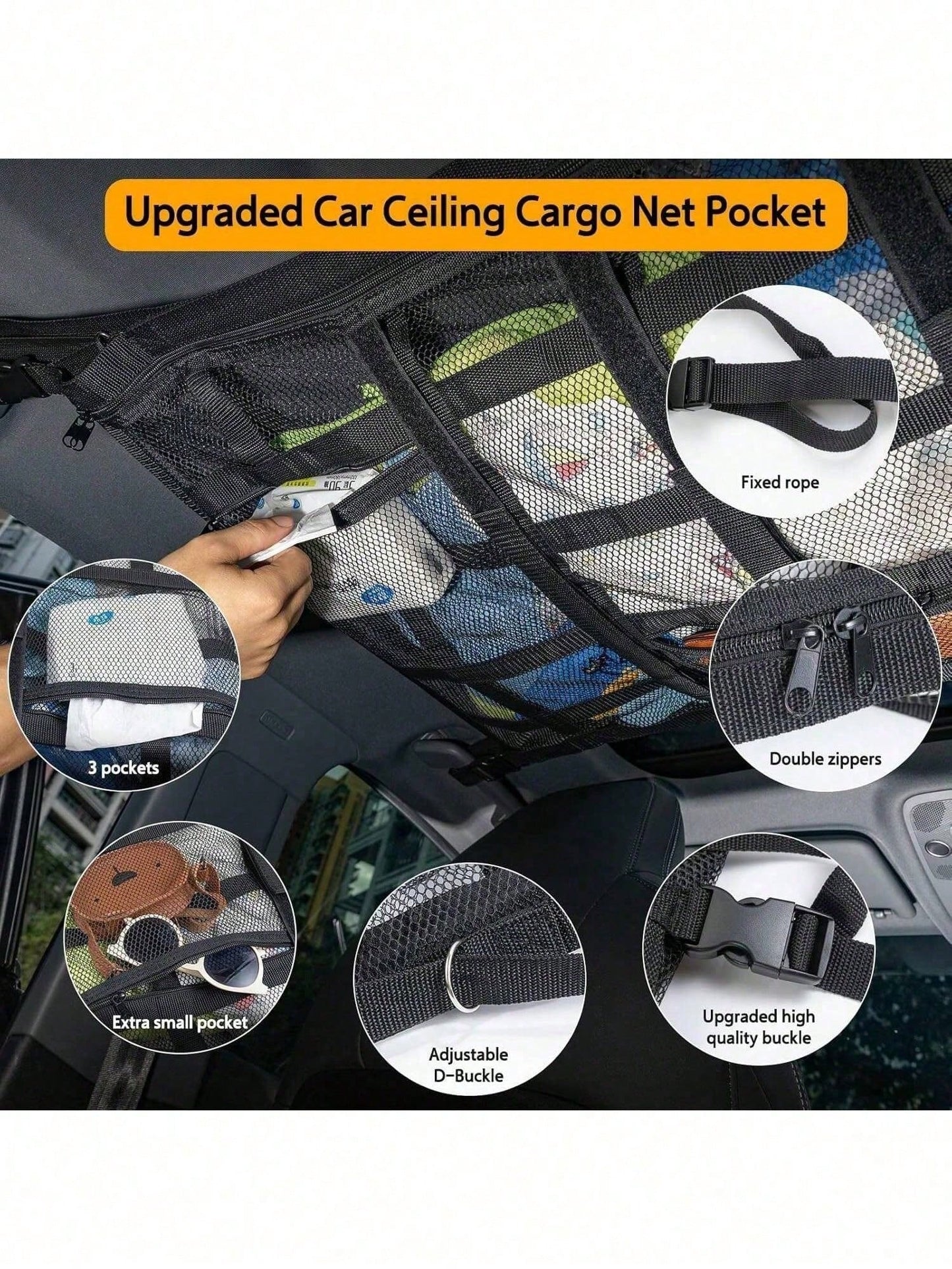 Upgrade Car Ceiling Cargo Net Pocket, Double Layers Mesh Car Roof Storage Organizer With Zip Universal Auto Accessories Organizers And Storage Pocket Net