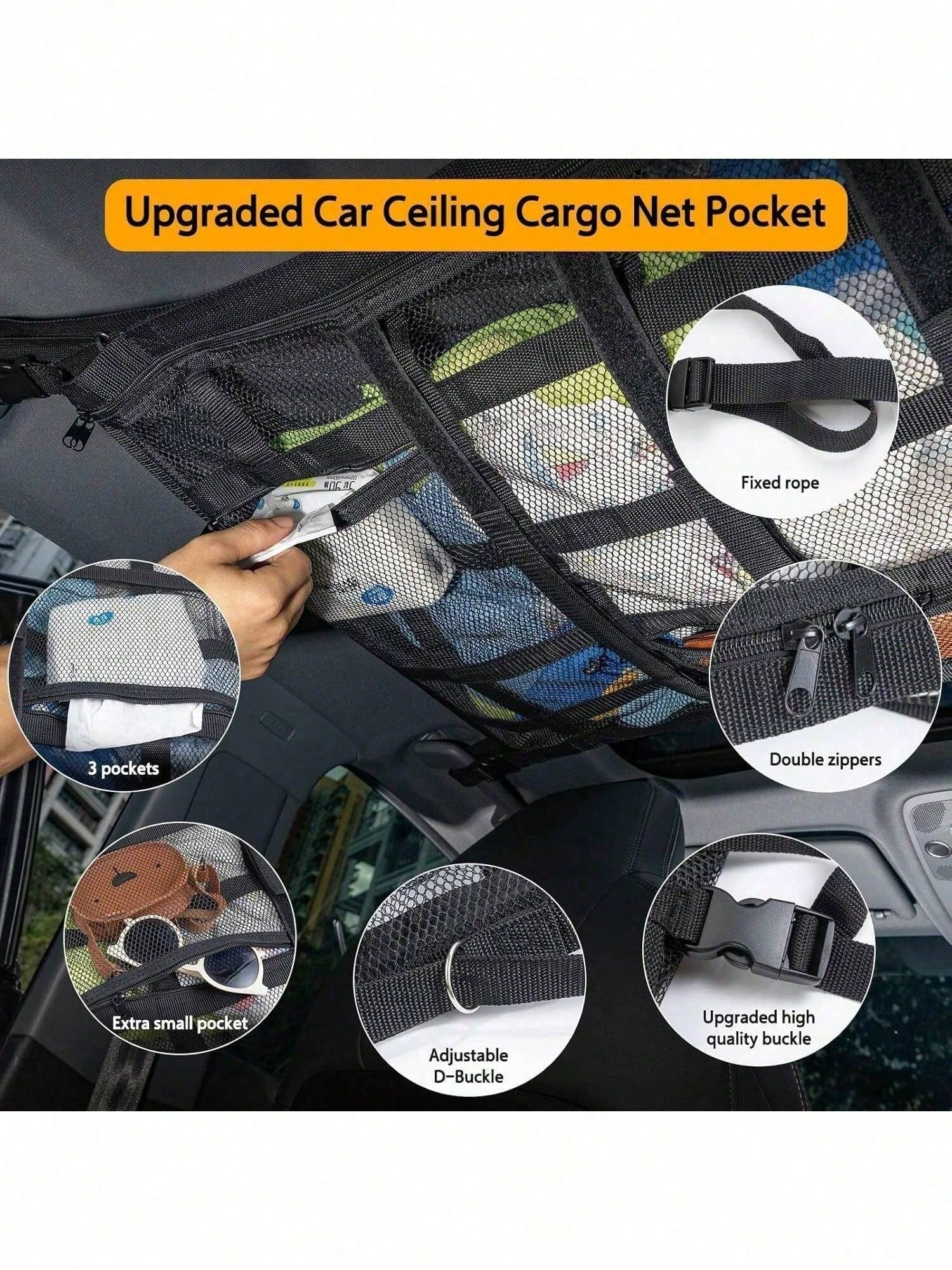 Upgrade Car Ceiling Cargo Net Pocket, Double Layers Mesh Car Roof Storage Organizer With Zip Universal Auto Accessories Organizers And Storage Pocket Net