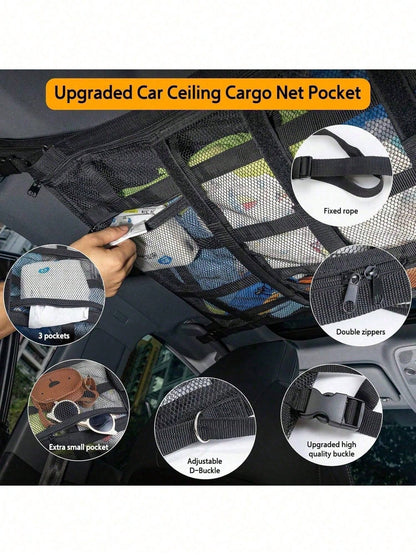 Upgrade Car Ceiling Cargo Net Pocket, Double Layers Mesh Car Roof Storage Organizer With Zip Universal Auto Accessories Organizers And Storage Pocket Net