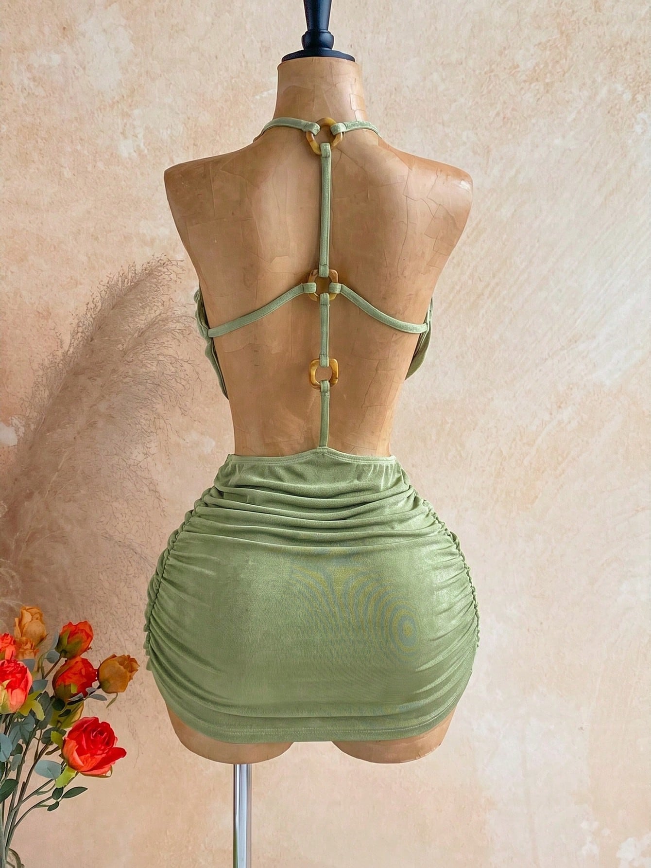 Ure Wave Women's Sexy Summer Vacation/Music Festival 3D Floral Embellished Knitted Mini Olive Green Dress With Cutout Waist, V-Neck, Open Back, Beach Outfit