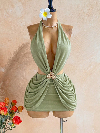 Ure Wave Women's Sexy Summer Vacation/Music Festival 3D Floral Embellished Knitted Mini Olive Green Dress With Cutout Waist, V-Neck, Open Back, Beach Outfit