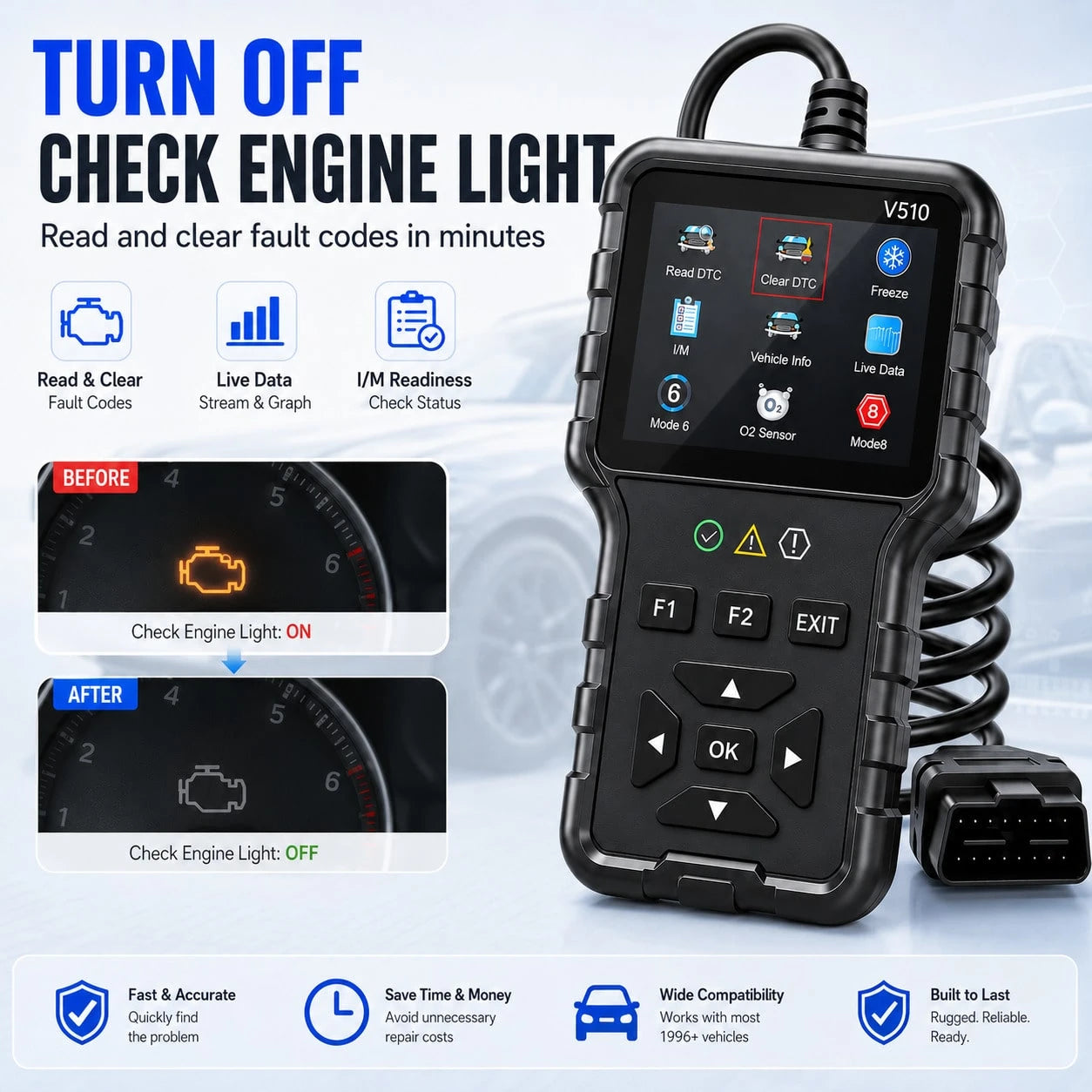 V510 OBD2 Car Diagnostic Scanner Professional Engine Fault Code Reader Live Data OBDII Scan Tool
