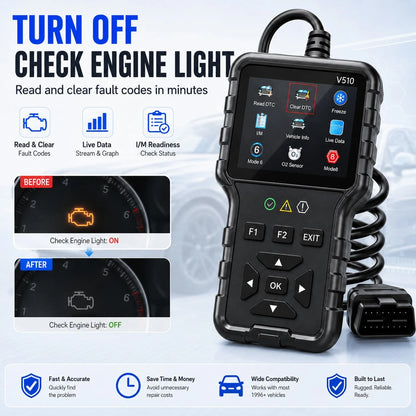 V510 OBD2 Car Diagnostic Scanner Professional Engine Fault Code Reader Live Data OBDII Scan Tool