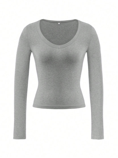 Vaiaye Women's Fitted V-Neck Sexy Long Sleeve Y2K Knit Top, Spring/Summer Solid Color V-Neck T-Shirt, Suitable For Valentine's Day Wear Casual