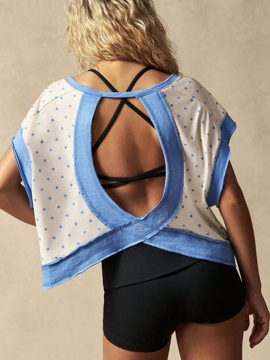 VARSIVA Contrast Color Patchwork Polka Dot Print Hollow Back Sports T-Shirt