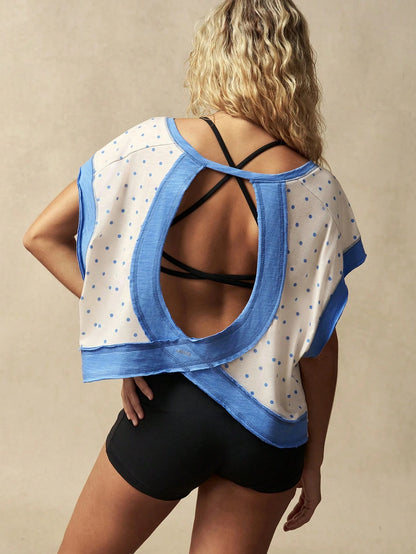 VARSIVA Contrast Color Patchwork Polka Dot Print Hollow Back Sports T-Shirt