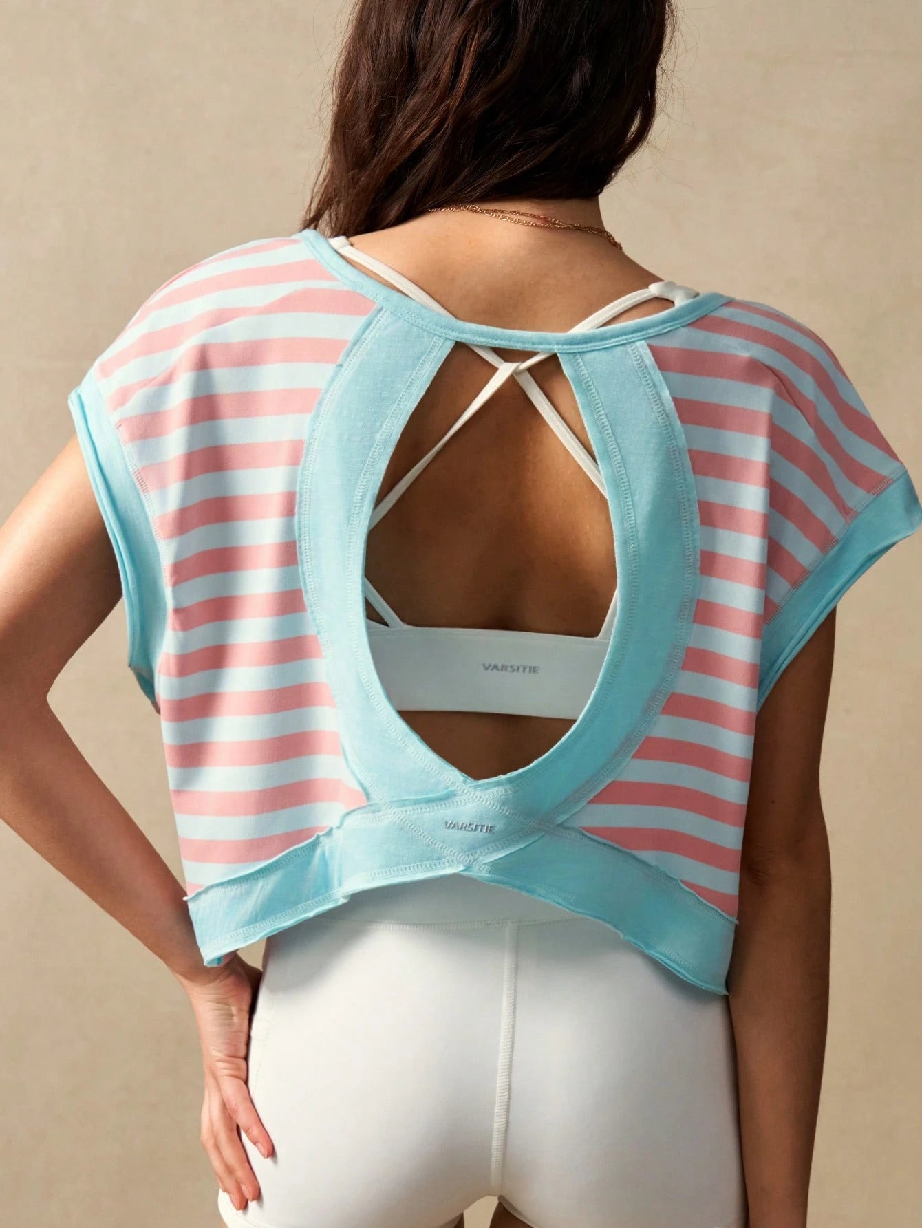 VARSIVA Contrast Color Patchwork Polka Dot Print Hollow Back Sports T-Shirt