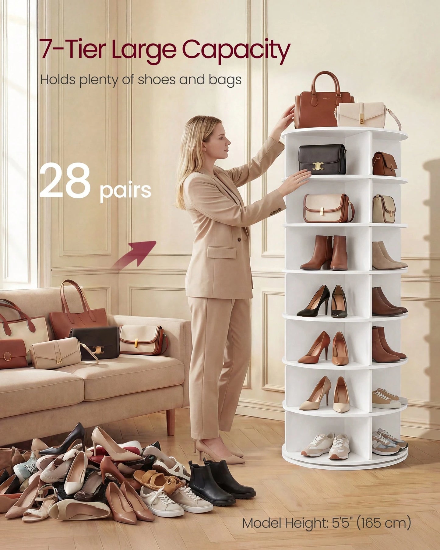 VASAGLE 7-Tier Rotating Shoe Rack Tower, Free Standing 360 Degree Spinning Shoe Organizer, Lazy Susan Bag Display Storage Rack, For Corners, Closets, Small Spaces