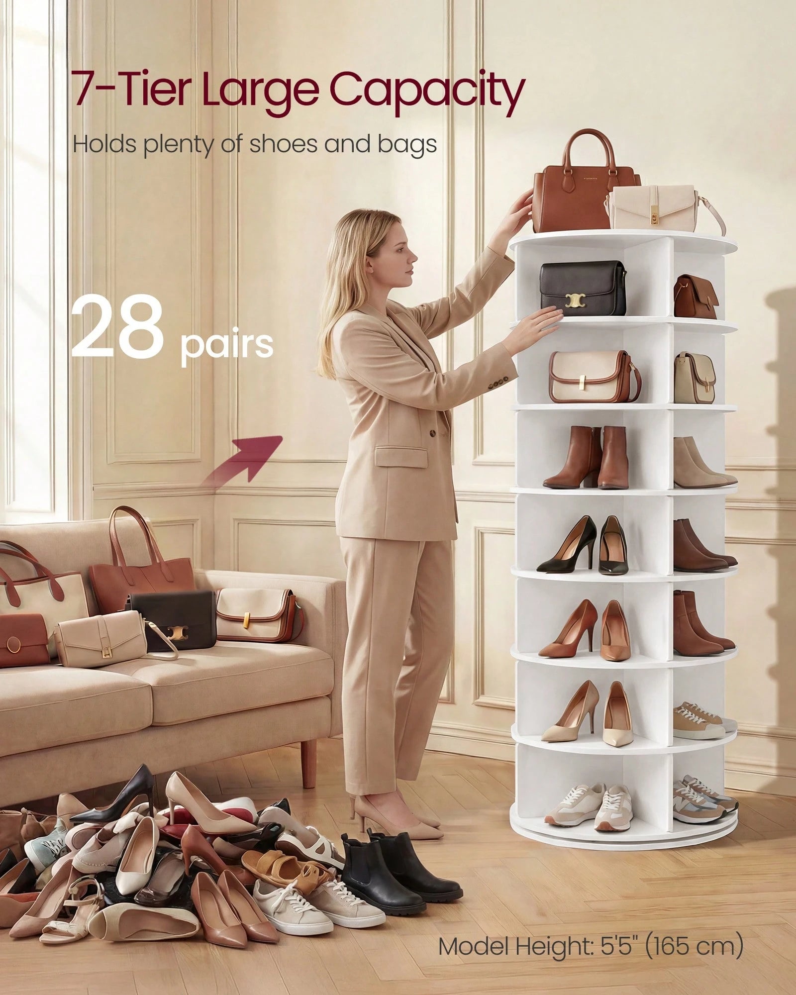 VASAGLE 7-Tier Rotating Shoe Rack Tower, Free Standing 360 Degree Spinning Shoe Organizer, Lazy Susan Bag Display Storage Rack, For Corners, Closets, Small Spaces