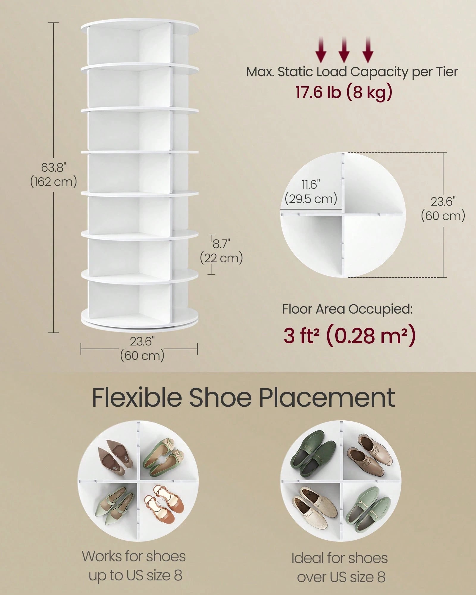 VASAGLE 7-Tier Rotating Shoe Rack Tower, Free Standing 360 Degree Spinning Shoe Organizer, Lazy Susan Bag Display Storage Rack, For Corners, Closets, Small Spaces