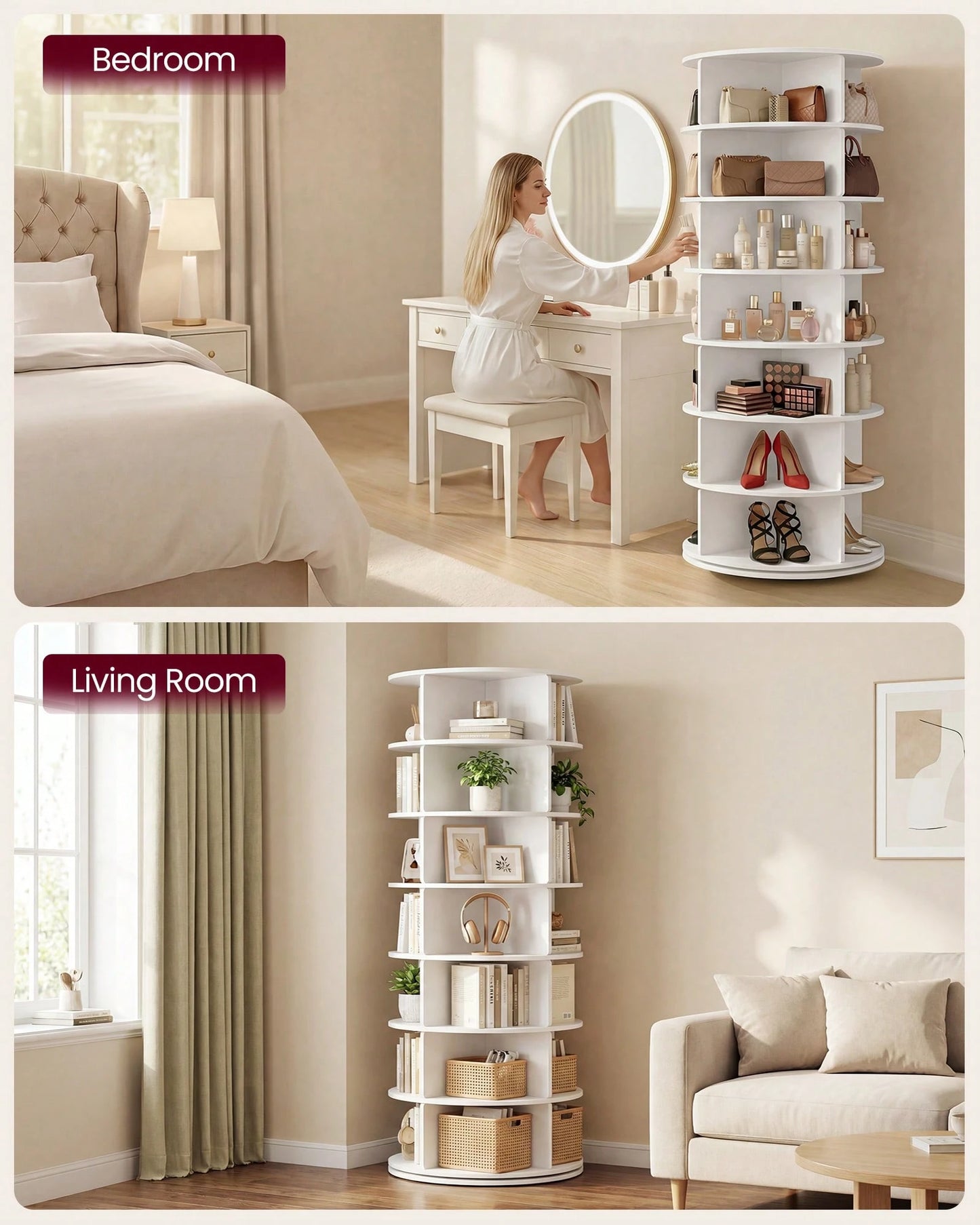 VASAGLE 7-Tier Rotating Shoe Rack Tower, Free Standing 360 Degree Spinning Shoe Organizer, Lazy Susan Bag Display Storage Rack, For Corners, Closets, Small Spaces