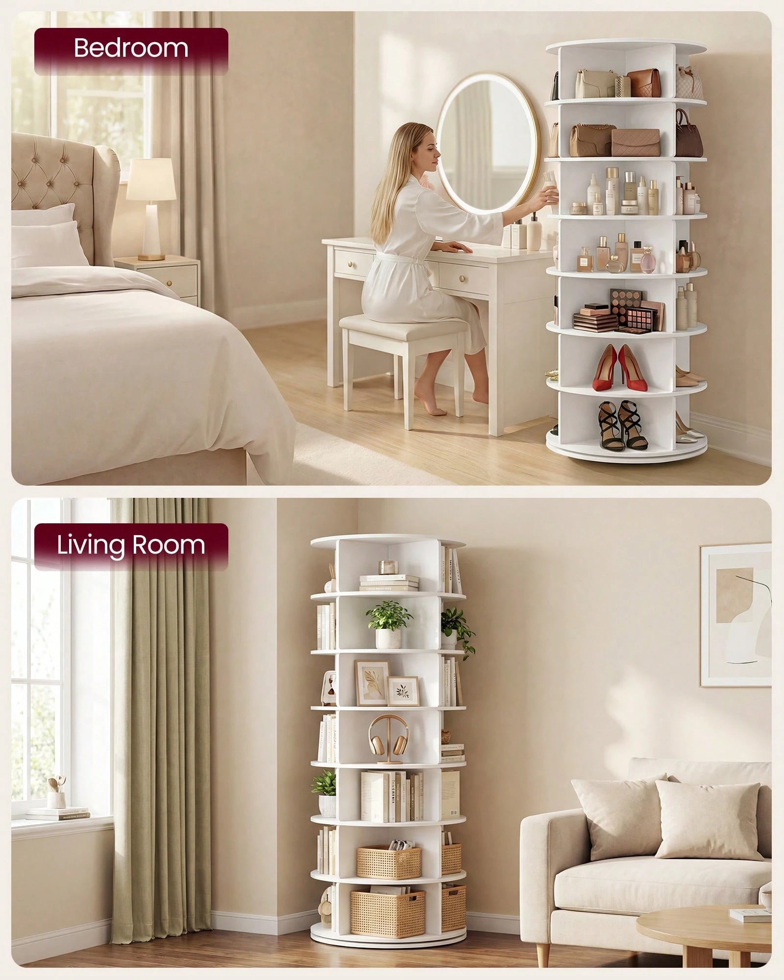 VASAGLE 7-Tier Rotating Shoe Rack Tower, Free Standing 360 Degree Spinning Shoe Organizer, Lazy Susan Bag Display Storage Rack, For Corners, Closets, Small Spaces