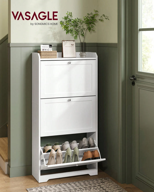 VASAGLE Shoe Cabinet With 3 Flip Drawers, Shoe Storage Cabinet, Adjustable And Removable Dividers, Holds Up To 18 Pairs Of Shoes, Entryway, 9.4 X 23.6 X 42.5 Inches