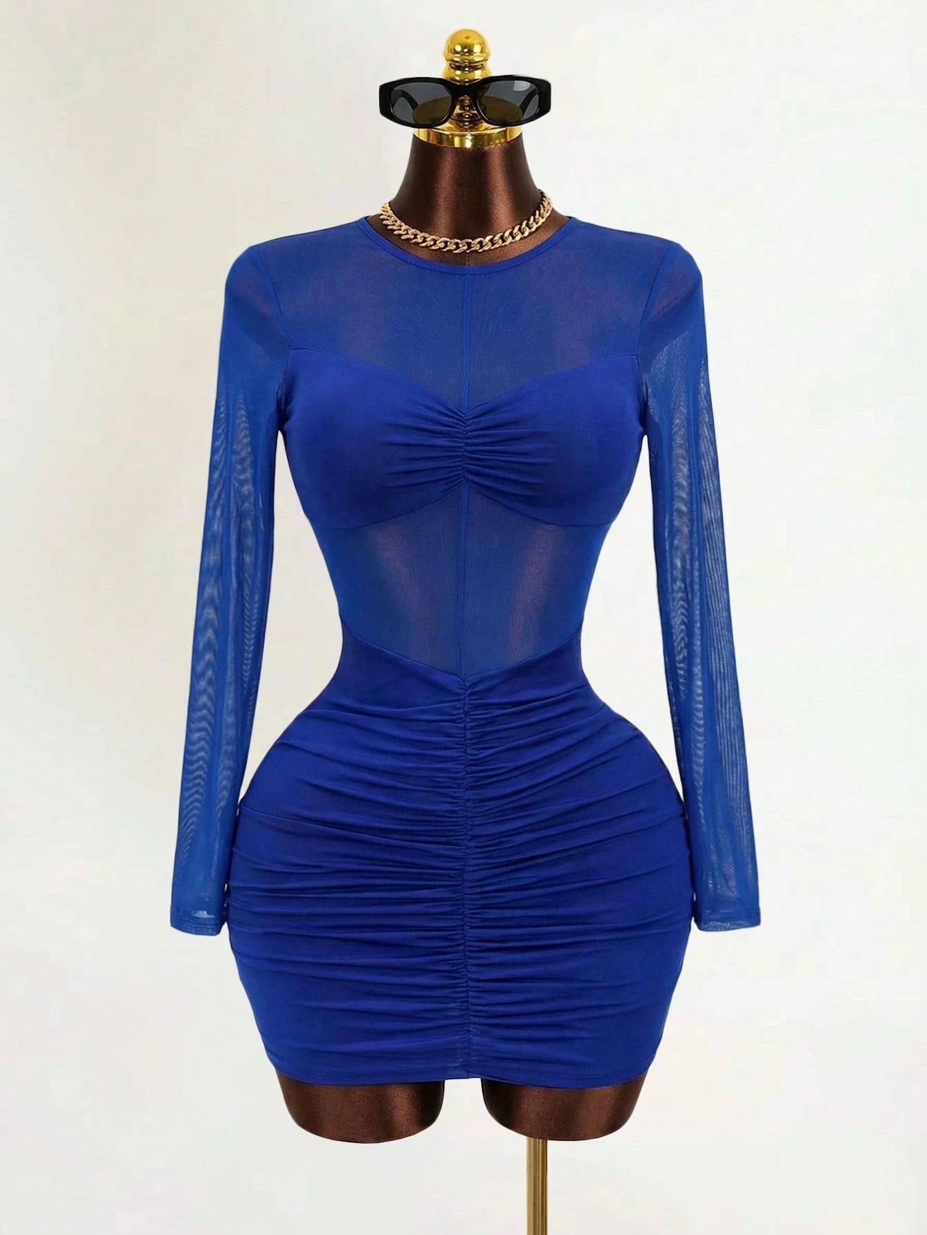 VaVaBold Royal Blue Mesh Sheer Long Sleeve Round Neck Bodycon Short Party Dress For Women Plain Pencil Hem Style Dekka