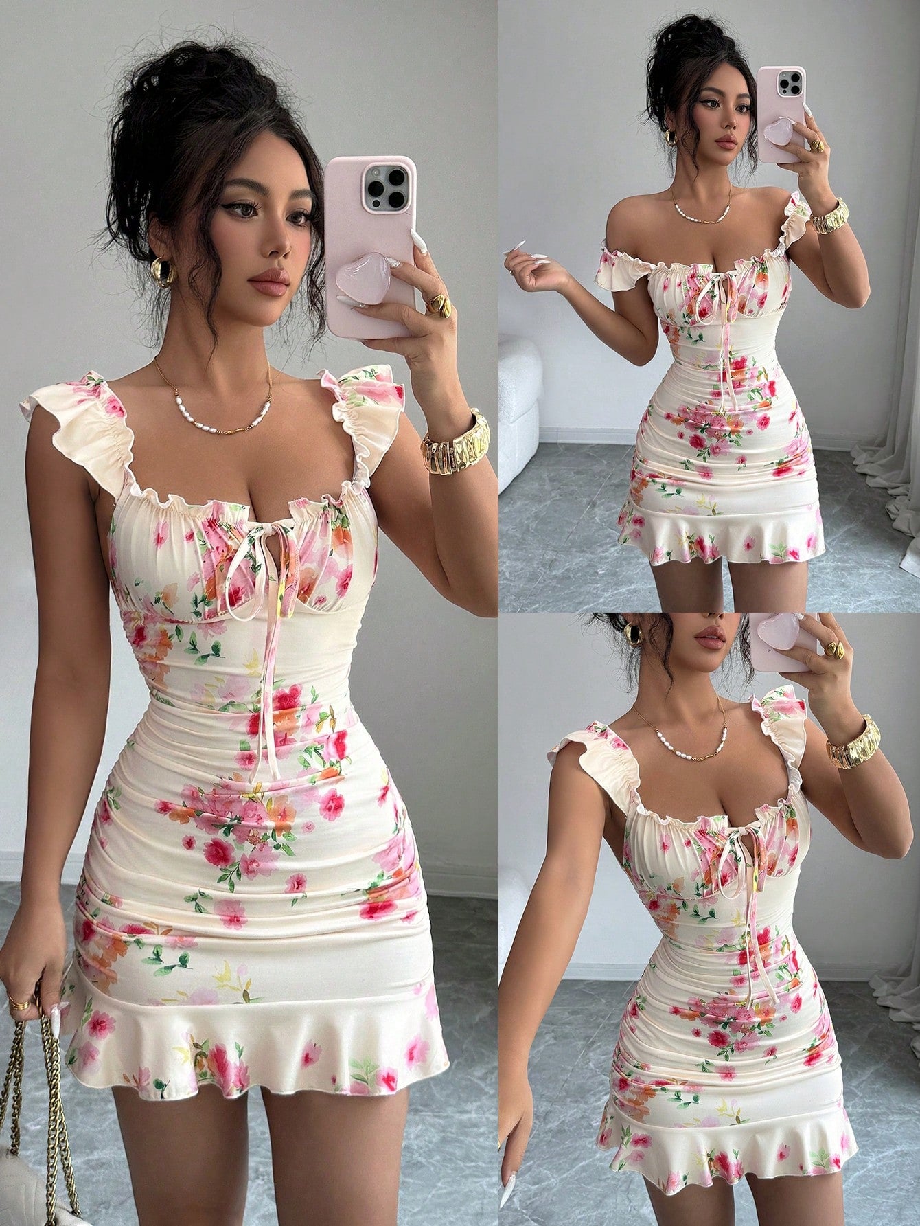 VaVaBold Ruffle Hem Floral Print Fitted Sleeveless Dress