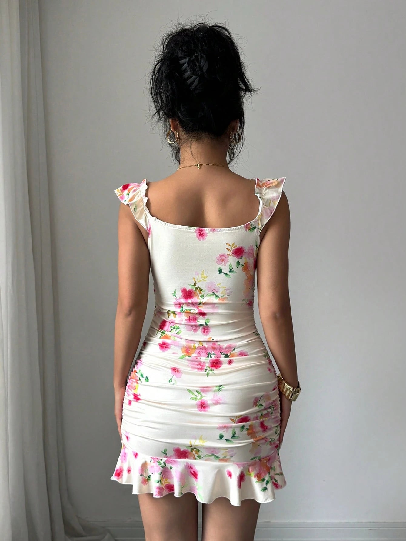 VaVaBold Ruffle Hem Floral Print Fitted Sleeveless Dress