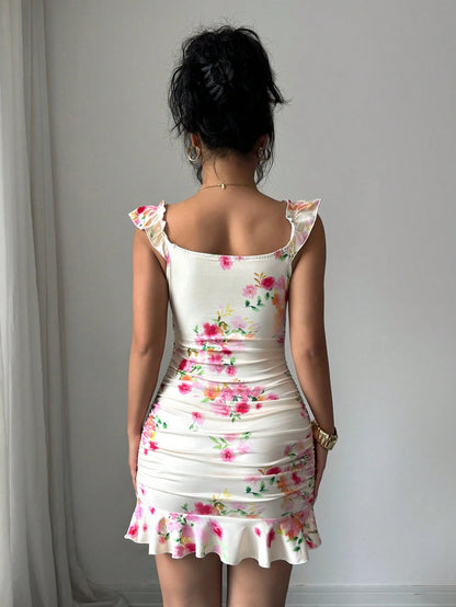 VaVaBold Ruffle Hem Floral Print Fitted Sleeveless Dress
