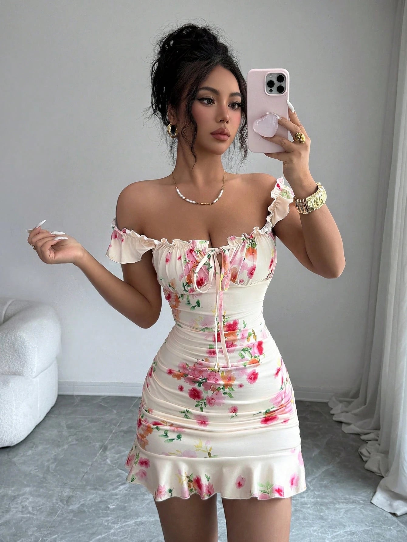 VaVaBold Ruffle Hem Floral Print Fitted Sleeveless Dress