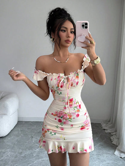 VaVaBold Ruffle Hem Floral Print Fitted Sleeveless Dress