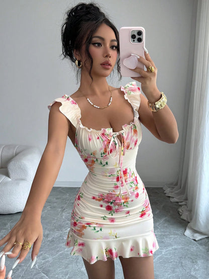 VaVaBold Ruffle Hem Floral Print Fitted Sleeveless Dress