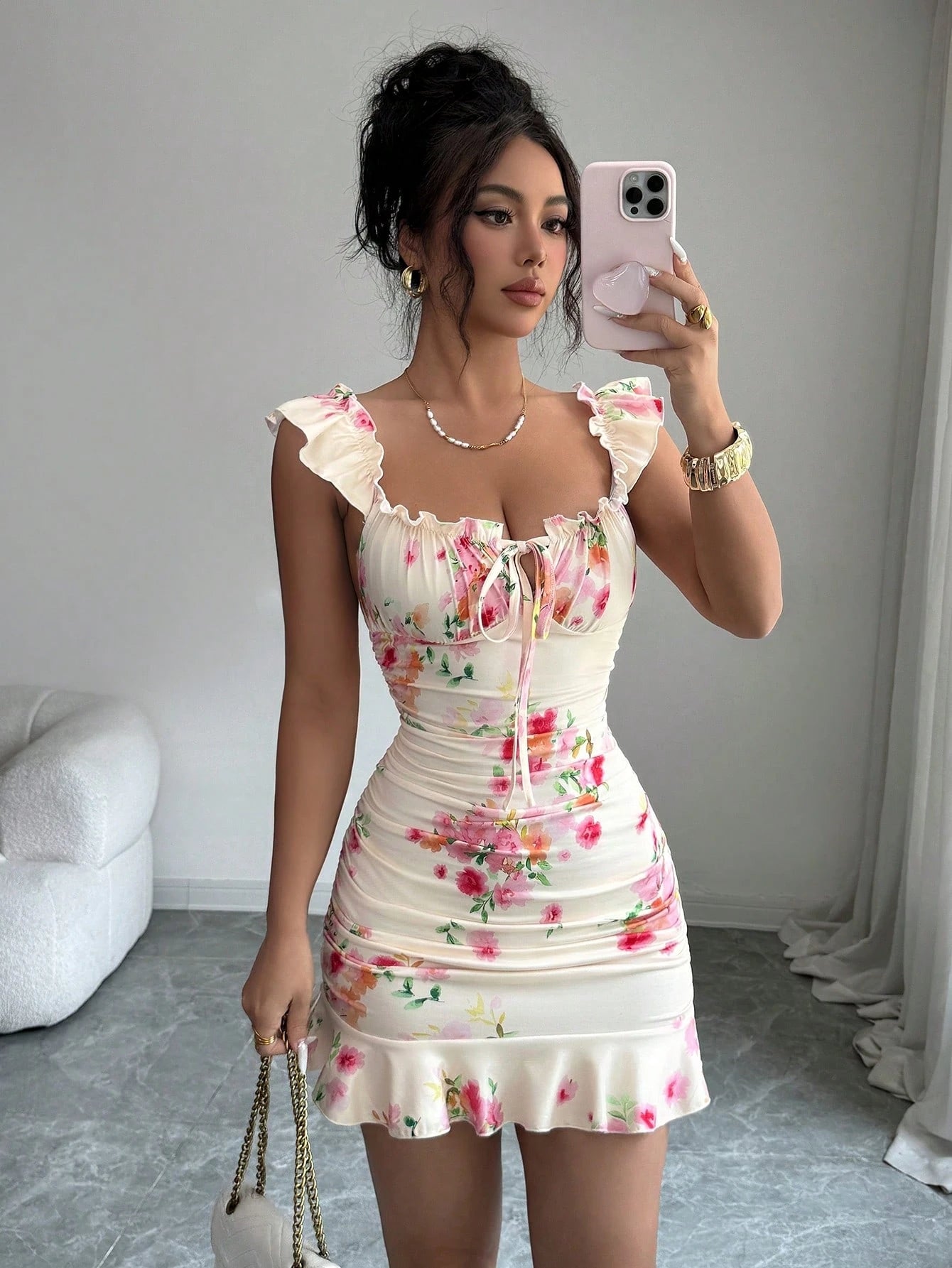 VaVaBold Ruffle Hem Floral Print Fitted Sleeveless Dress