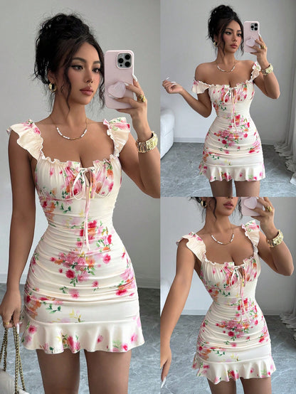 VaVaBold Ruffle Hem Floral Print Fitted Sleeveless Dress