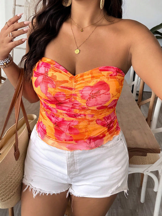 VCAY Plus Size Orange Knitted Mesh Printed Tight Fitting Tube Top For Women, Boho Sexy Chic Summer Vacation Holiday, Elegant Bohemia Beach, Old Money