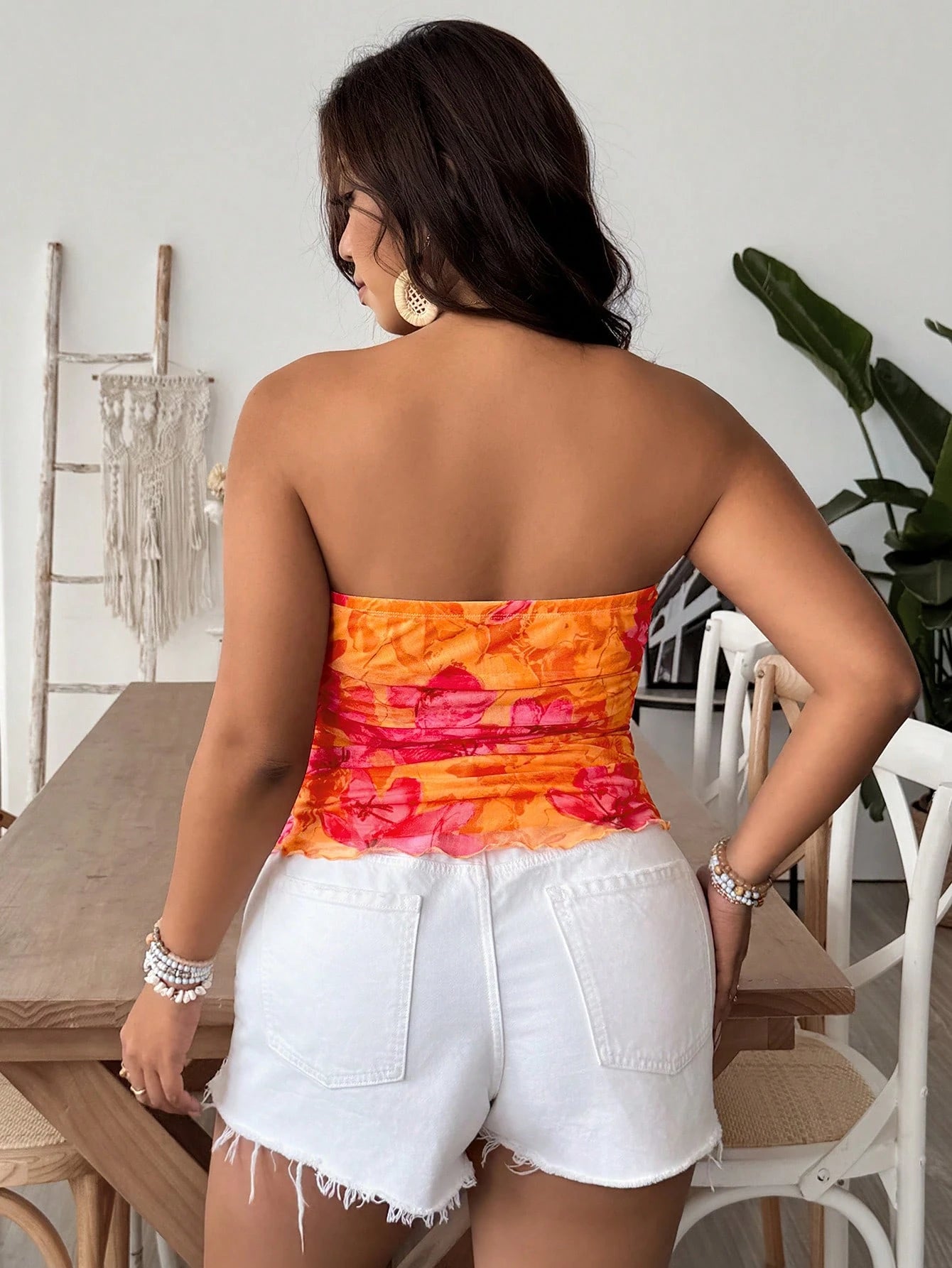 VCAY Plus Size Orange Knitted Mesh Printed Tight Fitting Tube Top For Women, Boho Sexy Chic Summer Vacation Holiday, Elegant Bohemia Beach, Old Money