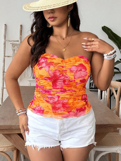 VCAY Plus Size Orange Knitted Mesh Printed Tight Fitting Tube Top For Women, Boho Sexy Chic Summer Vacation Holiday, Elegant Bohemia Beach, Old Money