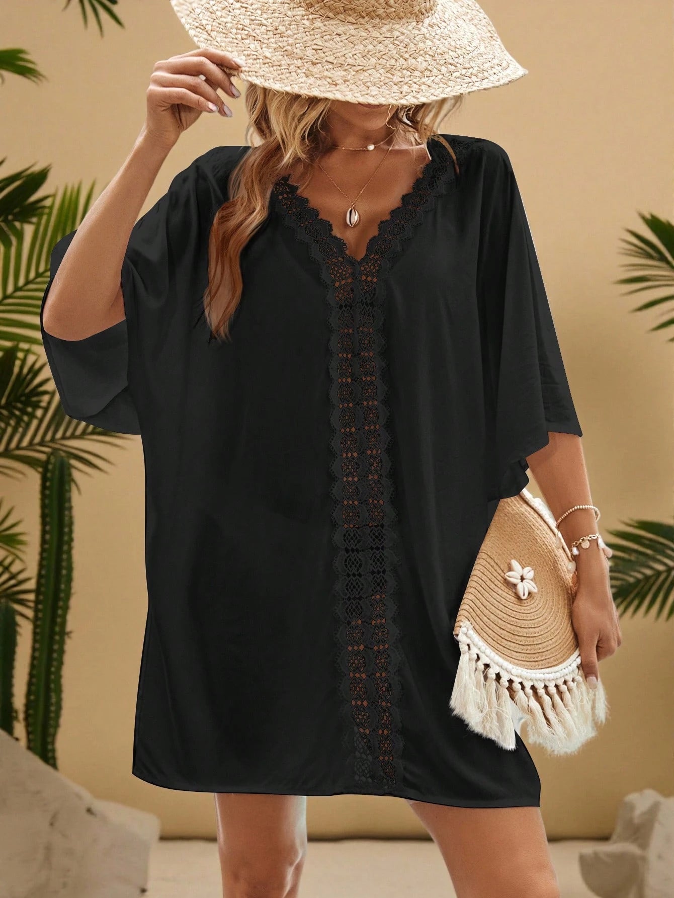 VCAY Plus Size Women Vacation Solid Color Contrast Lace Batwing Sleeve Dress